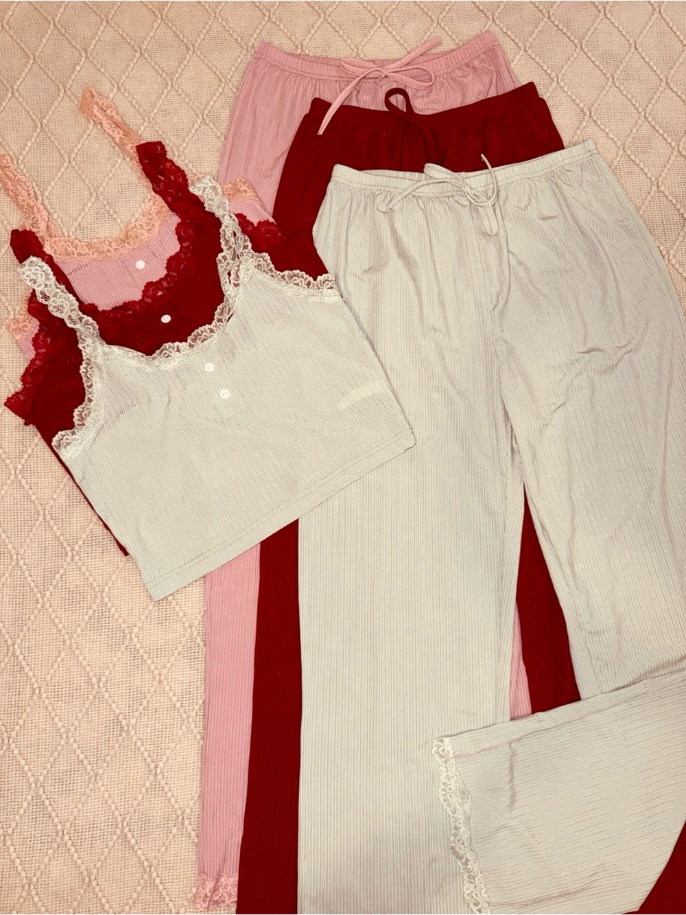 Women’s Lace Trim Ribbed Sleepwear Set - Pink, Red & Green S